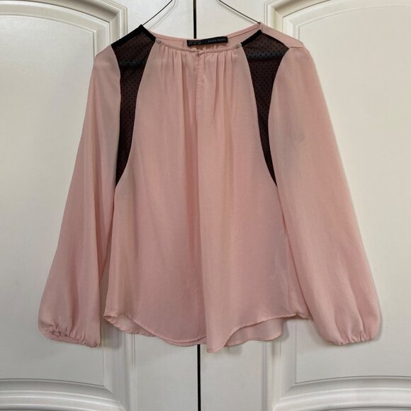 Zara Blouse Chiffon Light Pink Balloon Sleeves Sheer Lace Paneling Womens Small - Picture 7 of 7